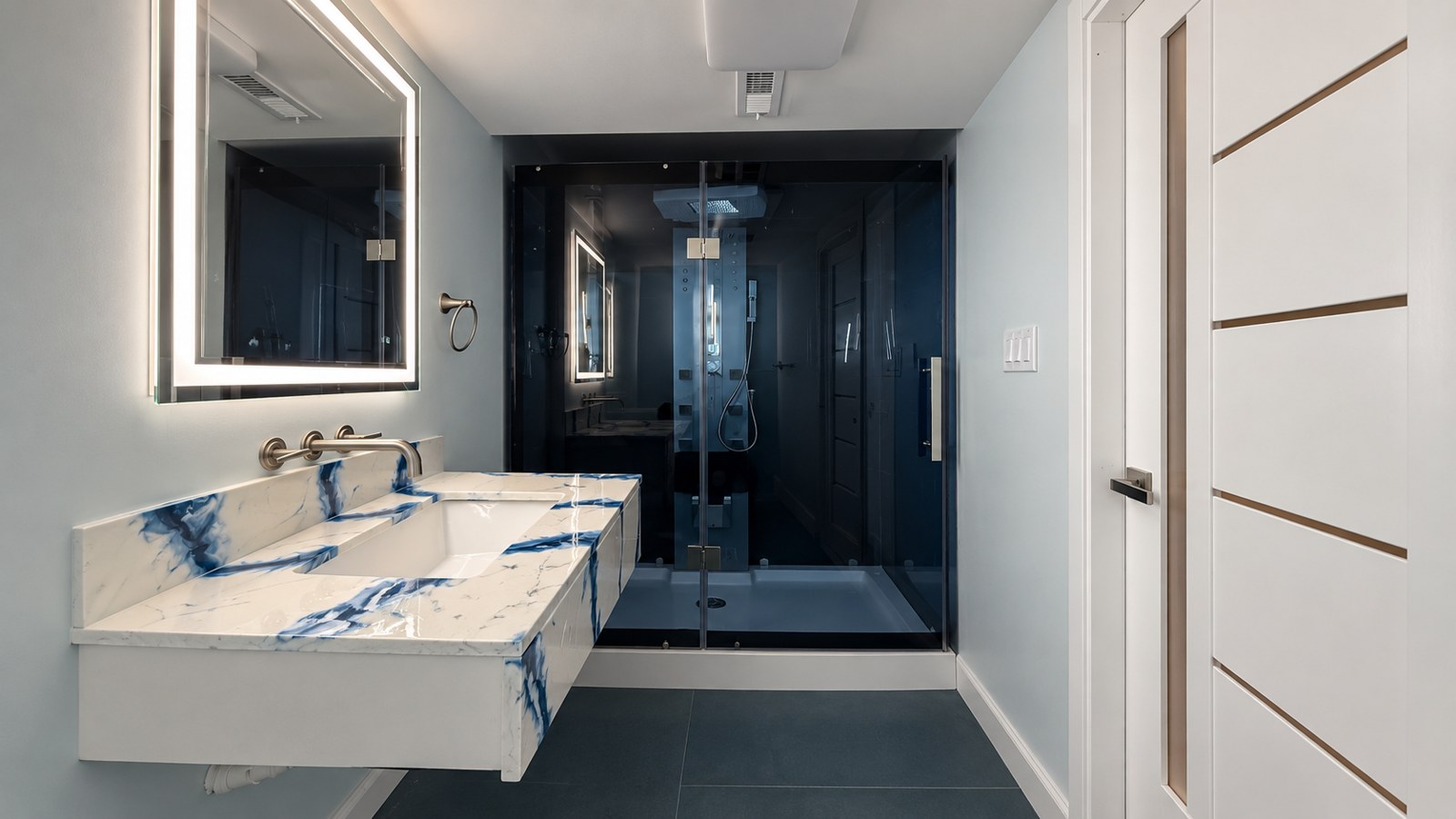 Navarro’s featured bathroom remodel in Laurel, Maryland, with custom vanity and glass shower